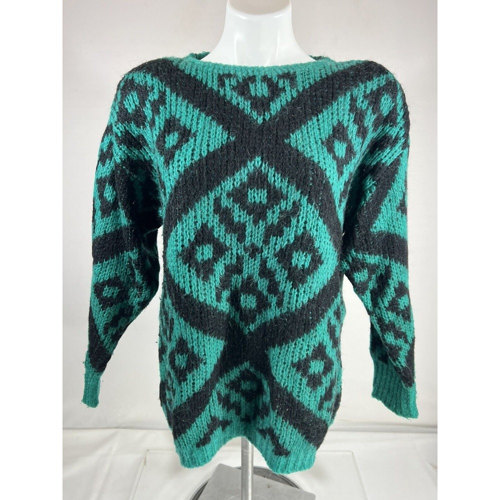 Cambridge Spirit Wool Ski Sweater Womens Medium Teal Black Geometric Cozy Cabin